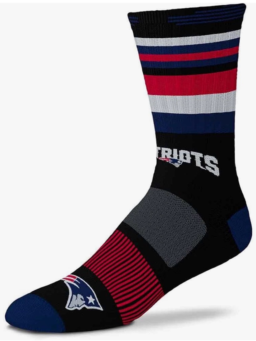 For Bare Feet Mens NFL New England Patriots Black Rave Crew Sock Large NWT